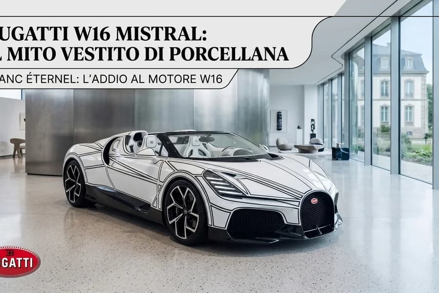 Bugatti W16 Mistral bianca con finiture scure in uno spazio espositivo luminoso.