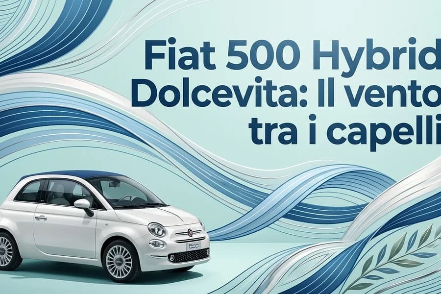 Fiat 500 bianca su sfondo astratto azzurro nella copertina dedicata alla guida a cielo aperto.