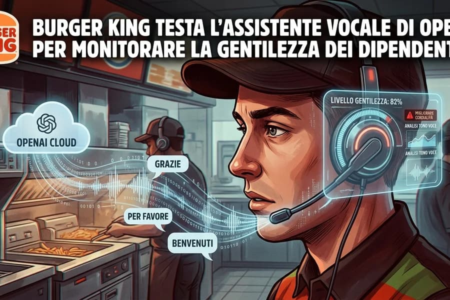 Dipendente di fast food con cuffie e assistente vocale IA nella grafica sul monitoraggio del lavoro.