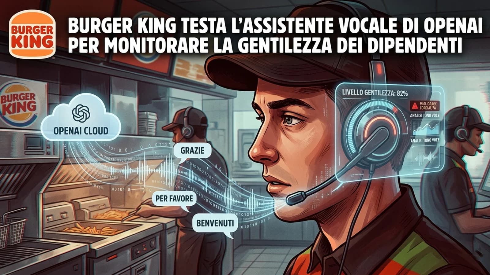Dipendente di fast food con cuffie e assistente vocale IA nella grafica sul monitoraggio del lavoro.