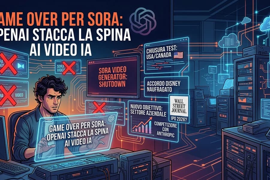 Schermate digitali e grafica dedicata alla chiusura di Sora e ai video generati con IA.