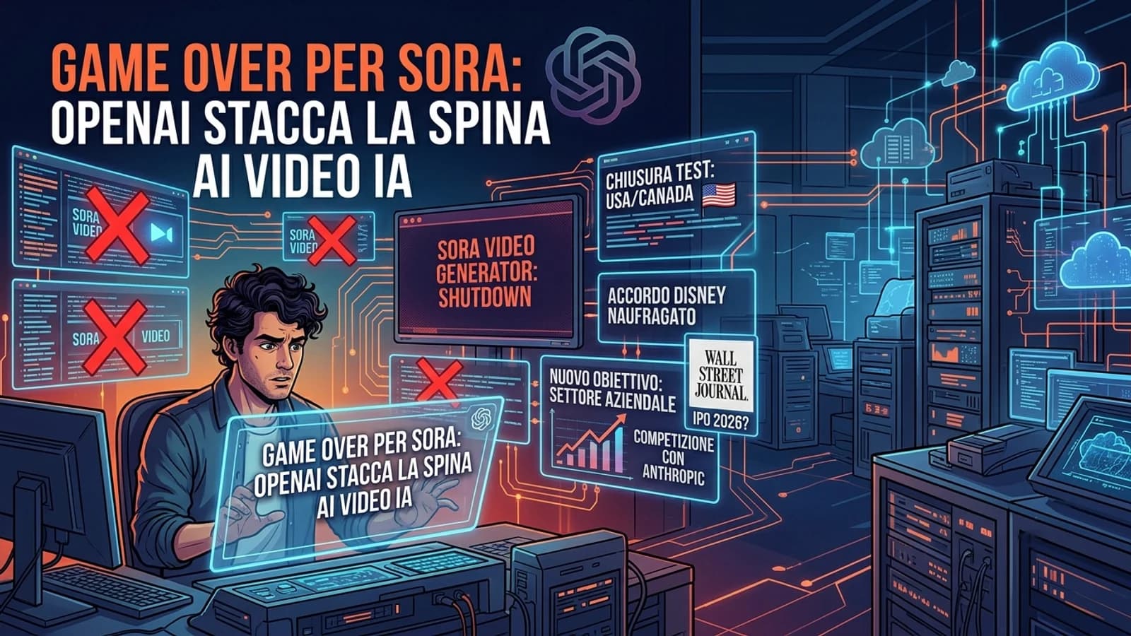 Schermate digitali e grafica dedicata alla chiusura di Sora e ai video generati con IA.