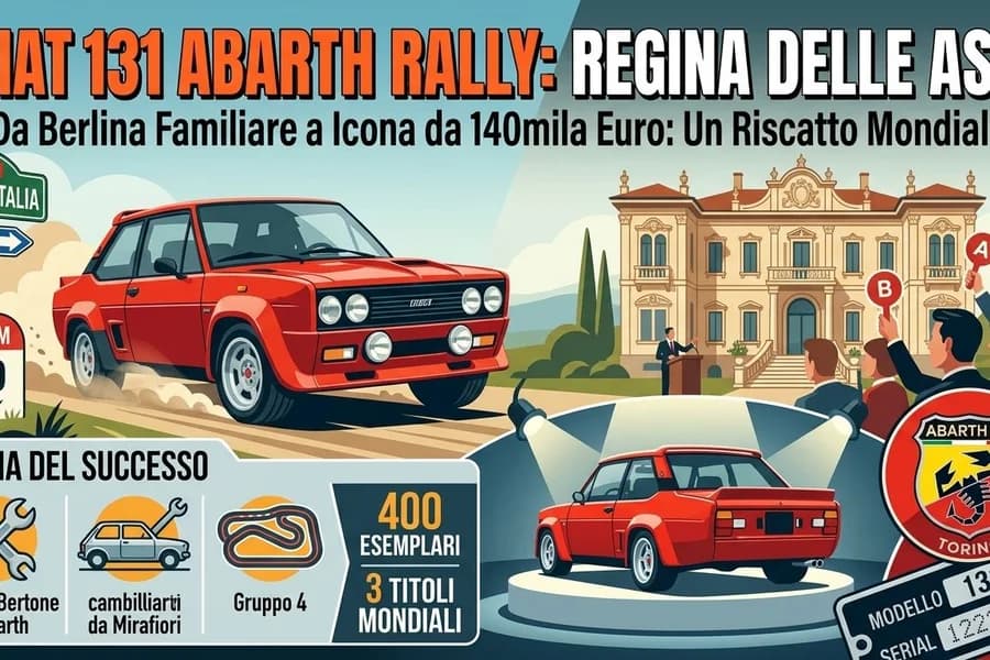 Fiat 131 Abarth Rally rossa in un collage con grafica dedicata alle aste automobilistiche.