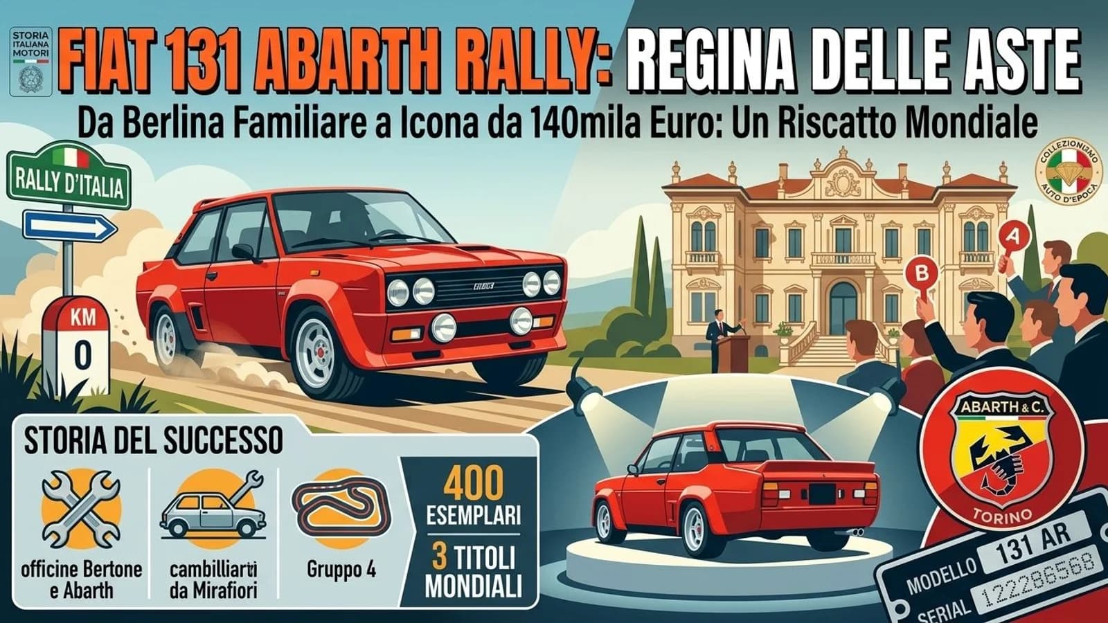 Fiat 131 Abarth Rally rossa in un collage con grafica dedicata alle aste automobilistiche.