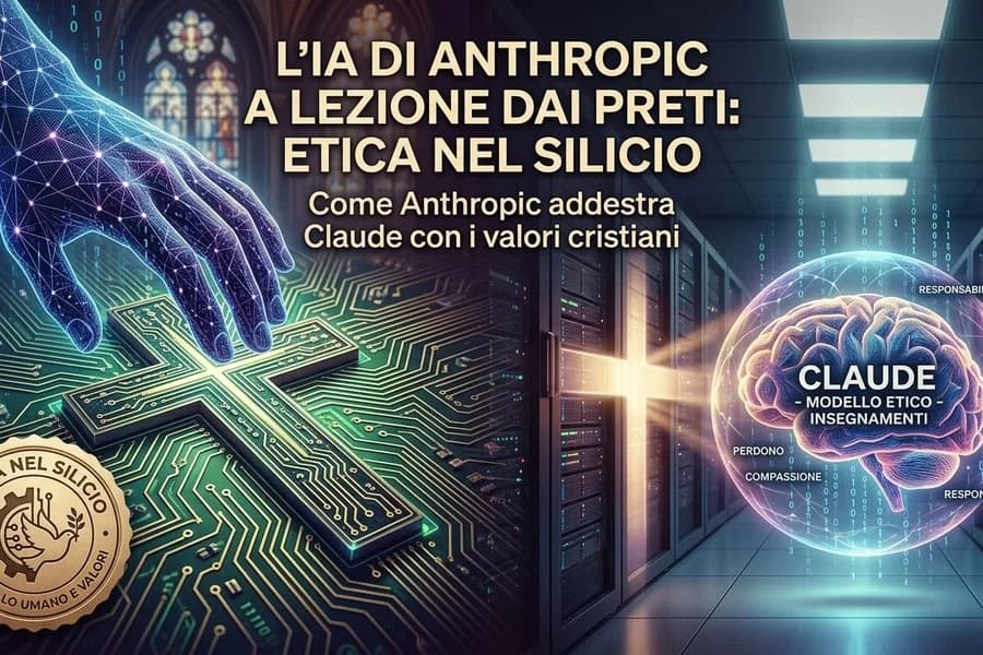 Illustrazione che unisce simboli religiosi, luce e circuiti di intelligenza artificiale.