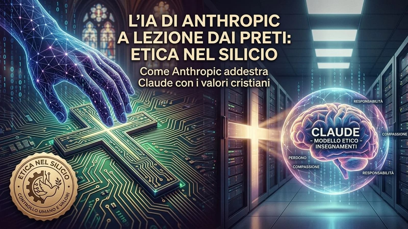 Illustrazione che unisce simboli religiosi, luce e circuiti di intelligenza artificiale.