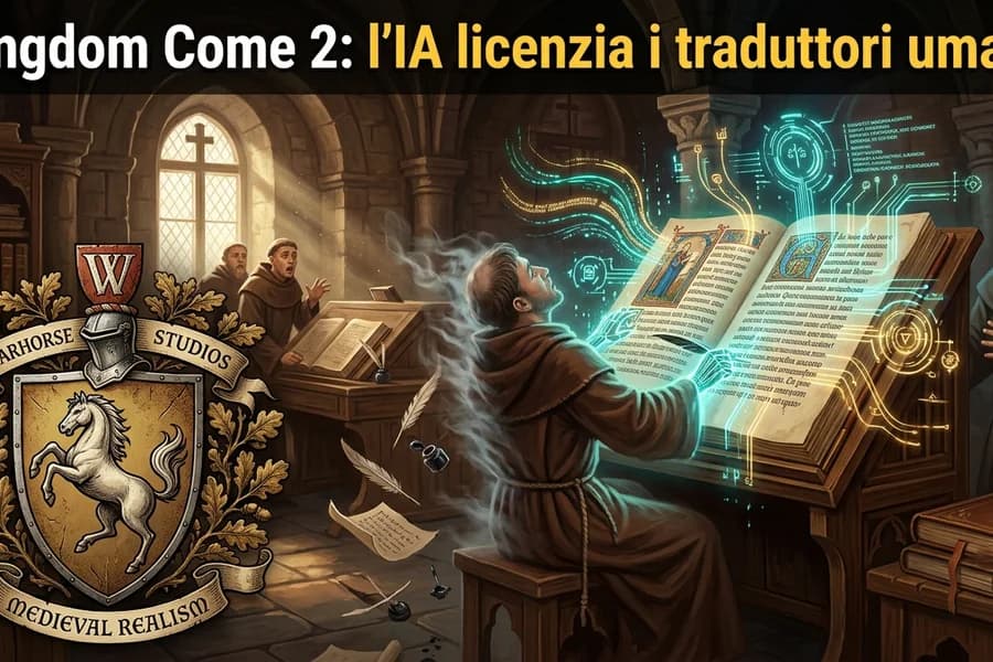 Illustrazione medievale di Kingdom Come e di un sistema IA dedicato alla traduzione.