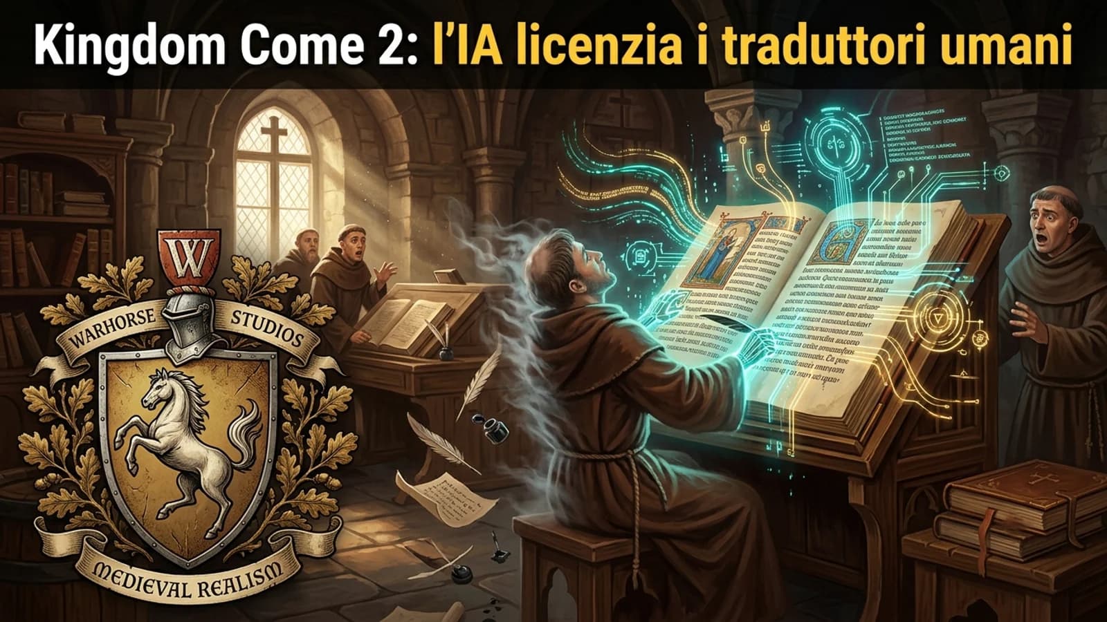 Illustrazione medievale di Kingdom Come e di un sistema IA dedicato alla traduzione.