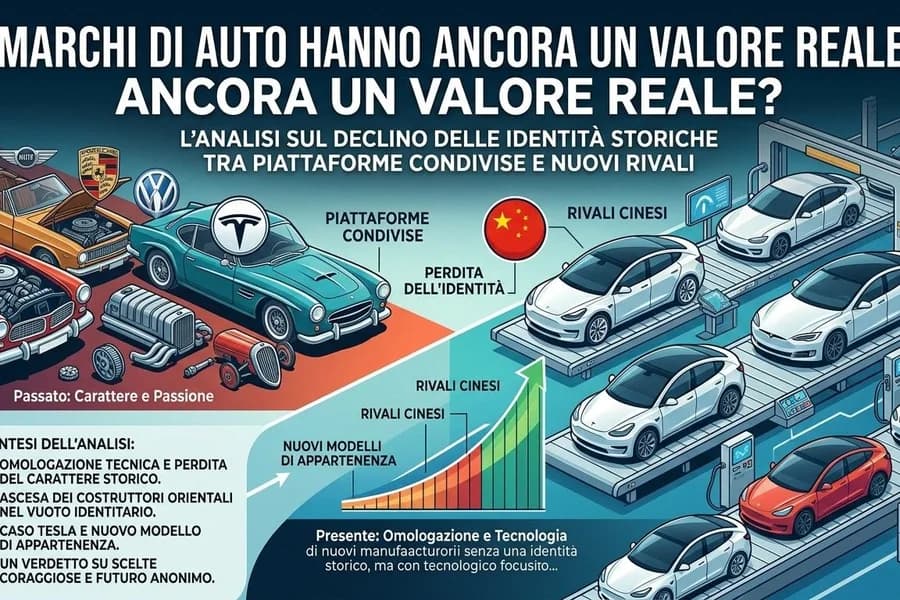 Infografica sulle marche automobilistiche con auto, stemmi e grafici di mercato.
