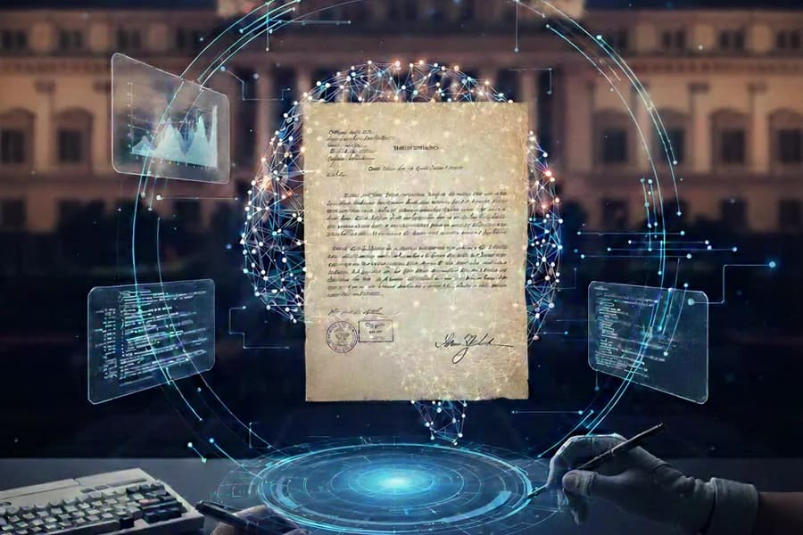 Documento con regolamenti davanti a edifici pubblici e un portatile, nella copertina sulle regole AgID.