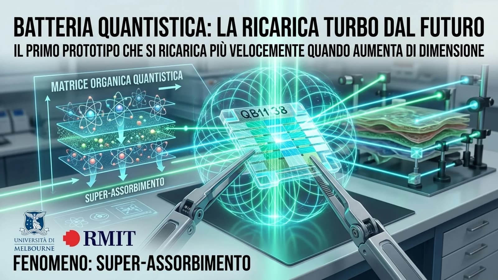 Illustrazione tecnica di una batteria quantistica con flussi luminosi e riferimenti alla ricarica rapida.