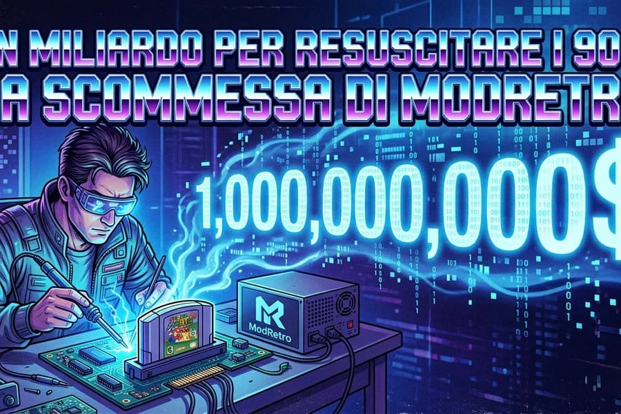 Illustrazione di un uomo al computer e progetti tecnologici sul ritorno dell'informatica anni Novanta.