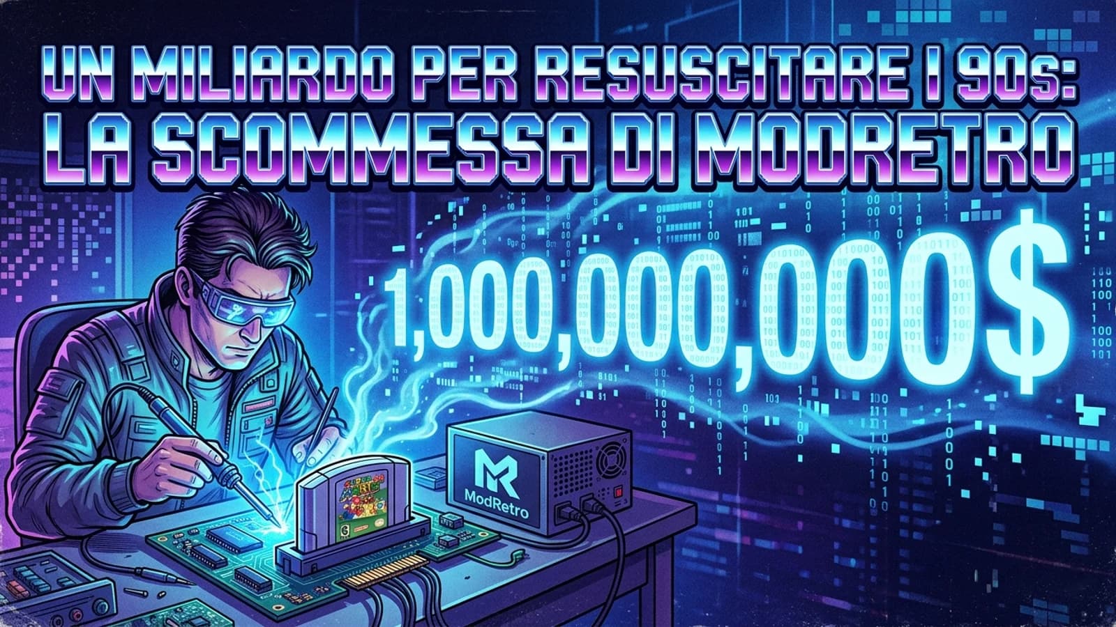 Illustrazione di un uomo al computer e progetti tecnologici sul ritorno dell'informatica anni Novanta.