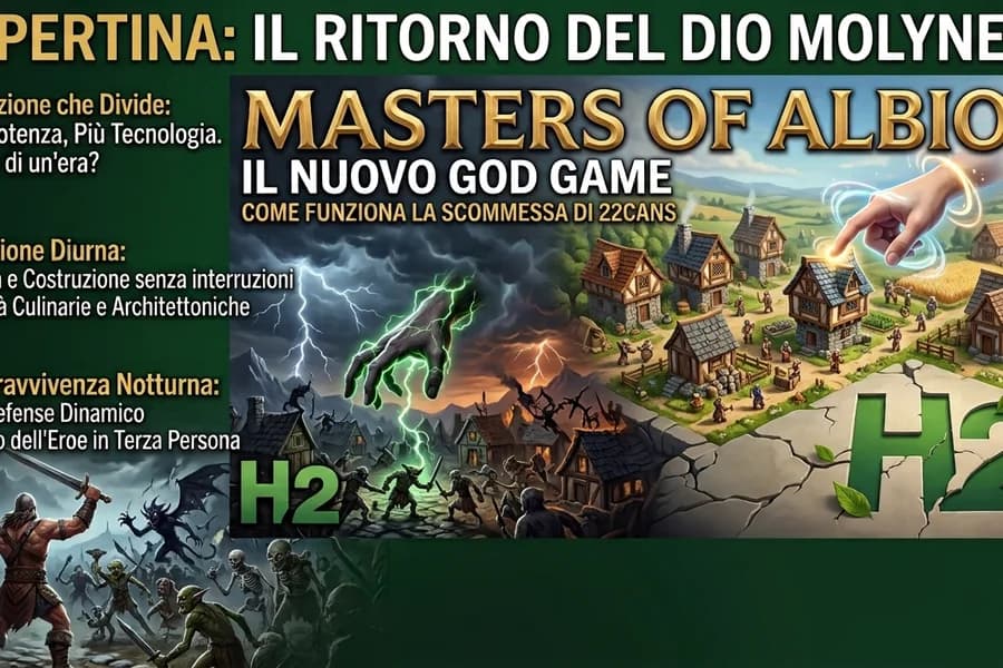 Copertina fantasy del videogioco Masters of Albion con personaggi, castello e battaglia.