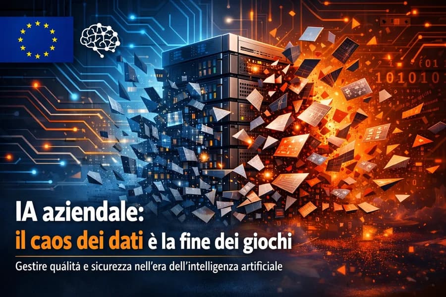 Grafica di un ambiente informatico frammentato con dati aziendali, circuiti e simboli digitali.
