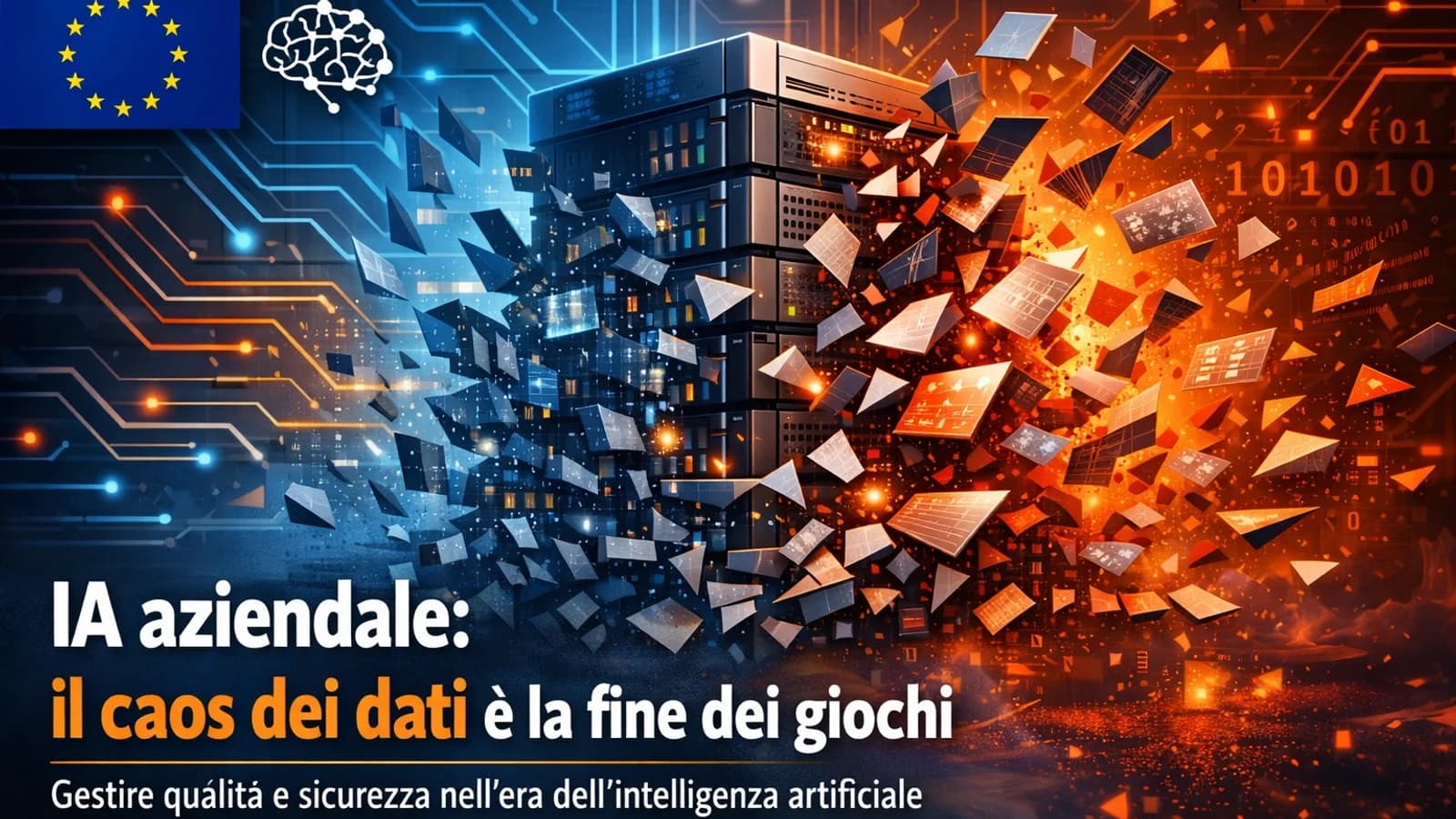 Grafica di un ambiente informatico frammentato con dati aziendali, circuiti e simboli digitali.