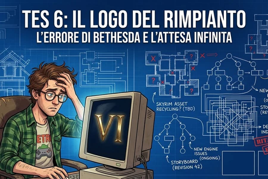 Illustrazione di un giocatore davanti a un computer con il logo TES VI.