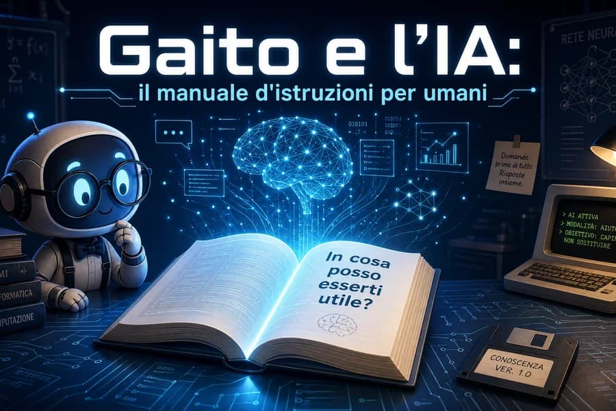 Illustrazione di un piccolo robot che legge un manuale dedicato all'uso consapevole dell'IA.