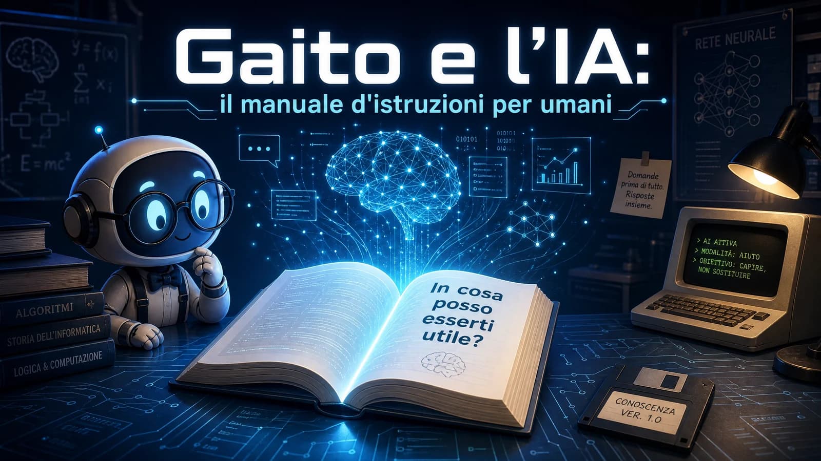 Illustrazione di un piccolo robot che legge un manuale dedicato all'uso consapevole dell'IA.