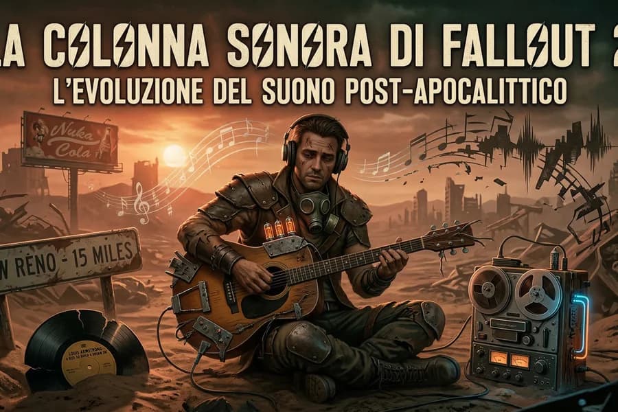 Illustrazione post-apocalittica di Fallout 2 con soldato e strumenti musicali nel deserto.