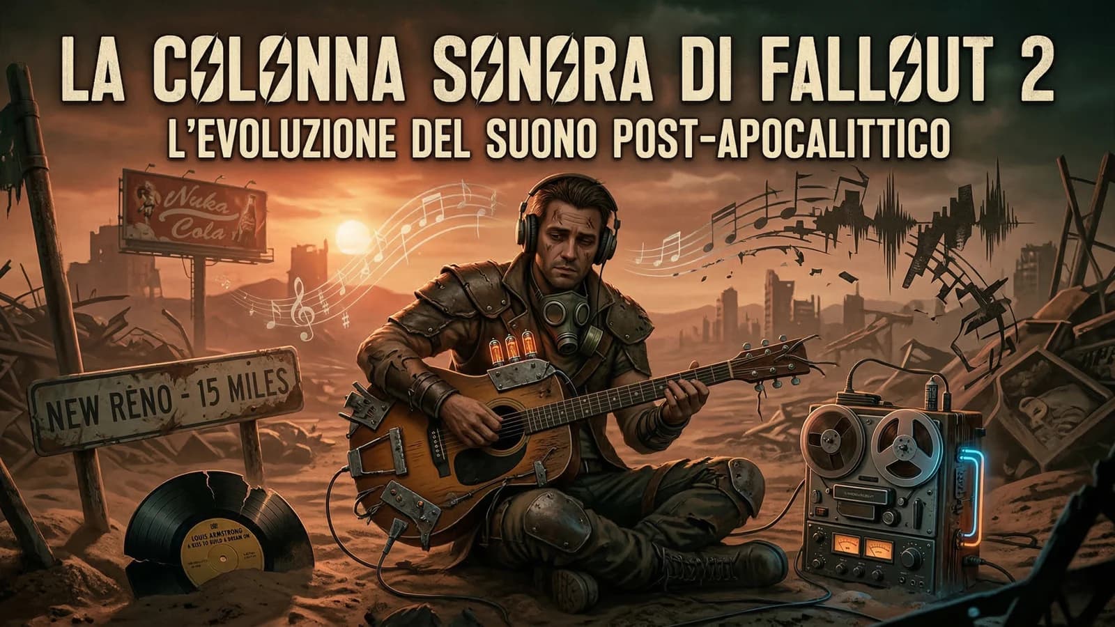 Illustrazione post-apocalittica di Fallout 2 con soldato e strumenti musicali nel deserto.