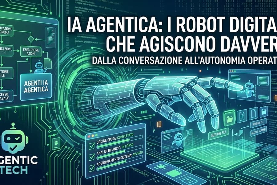 Illustrazione di agenti IA collegati a robot, computer e sistemi di automazione digitale.