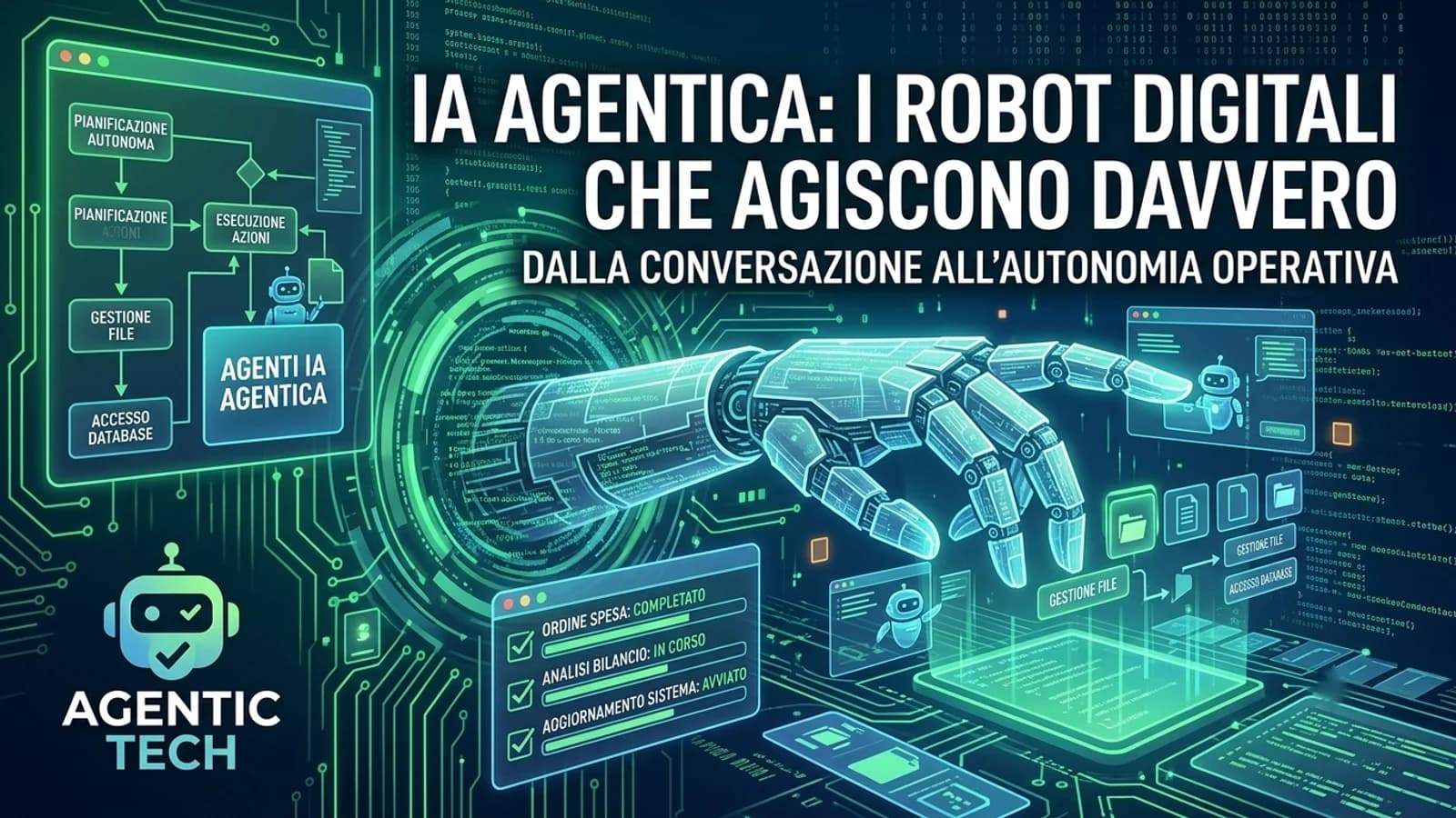 Illustrazione di agenti IA collegati a robot, computer e sistemi di automazione digitale.