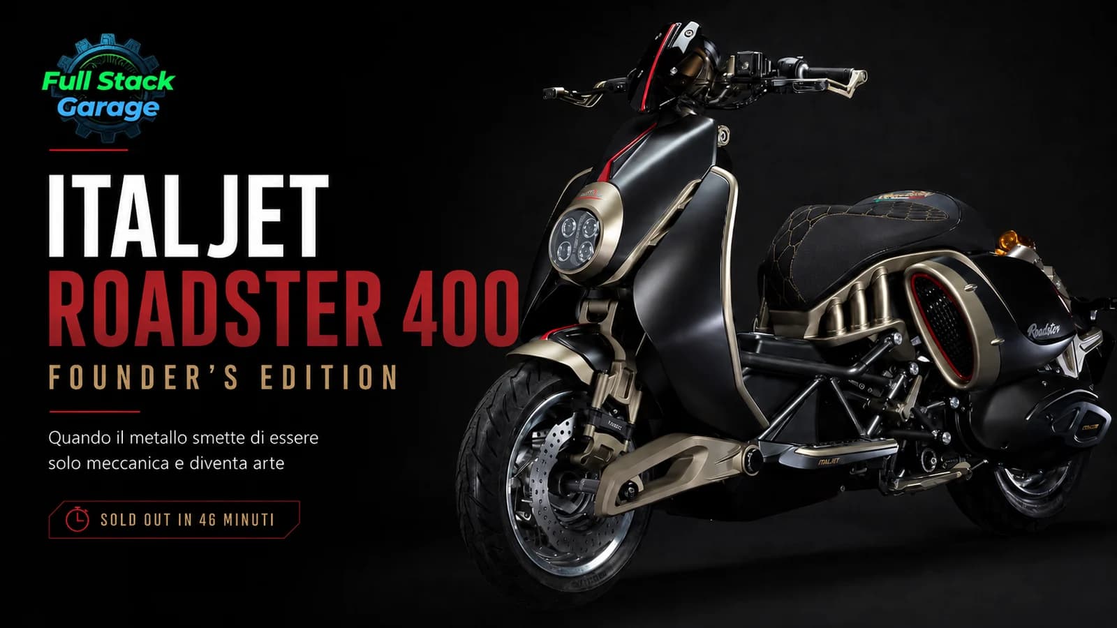 Italjet Roadster 400 nera e cromata vista di tre quarti su sfondo scuro.