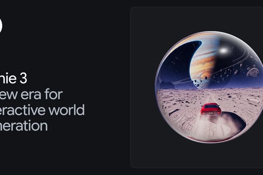 Grafica di Google Genie 3 con una sfera planetaria e un piccolo paesaggio generato.