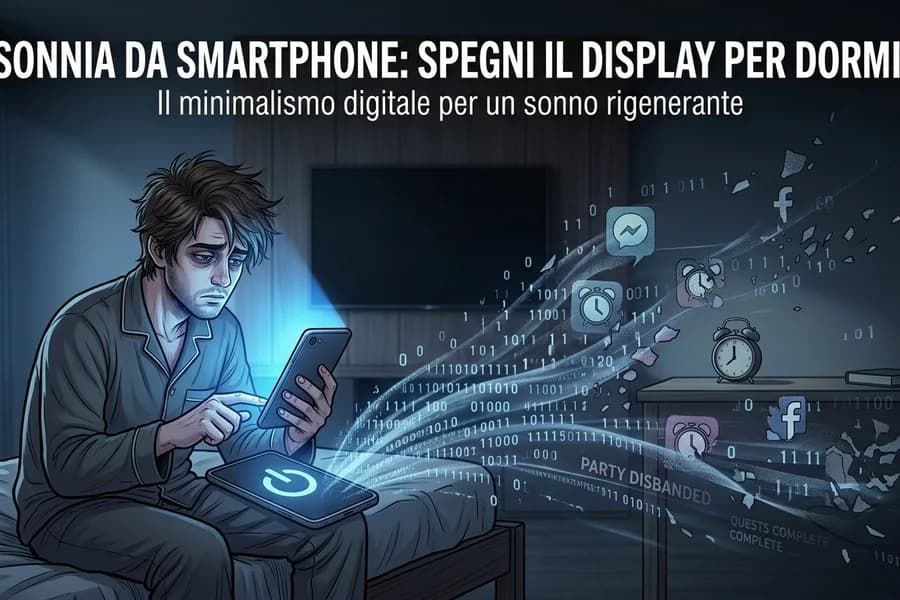Persona che usa lo smartphone a letto, con una grafica sugli effetti dello schermo sul sonno.