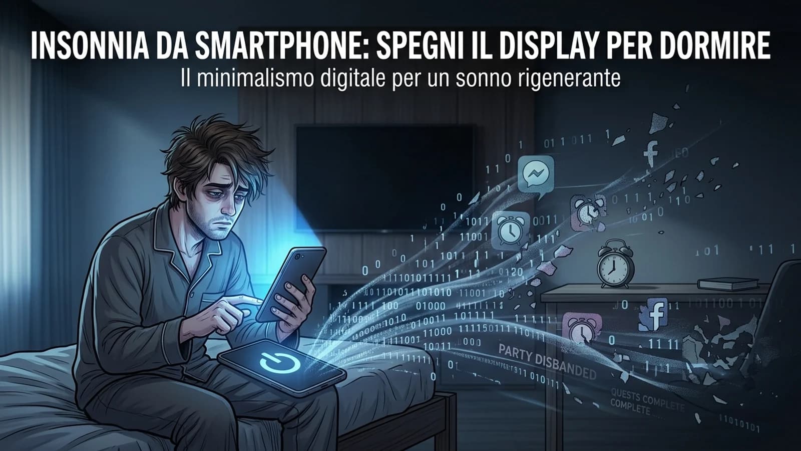 Persona che usa lo smartphone a letto, con una grafica sugli effetti dello schermo sul sonno.