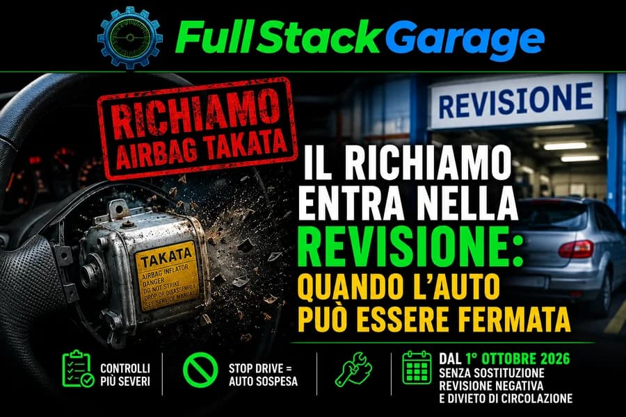 Composizione fotografica di auto, airbag Takata e insegne di richiamo e revisione.