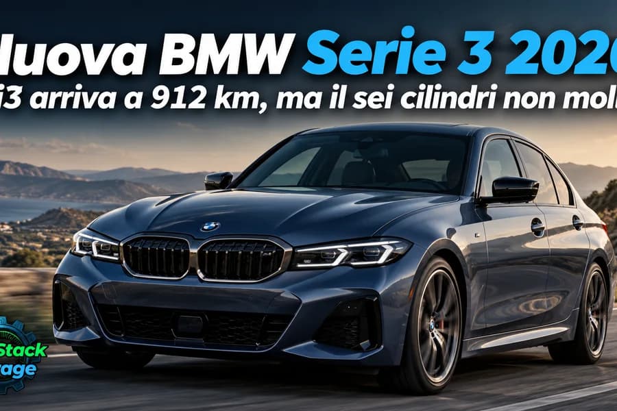 BMW Serie 3 blu su strada di montagna, con titolo della nuova Serie 3 2026.