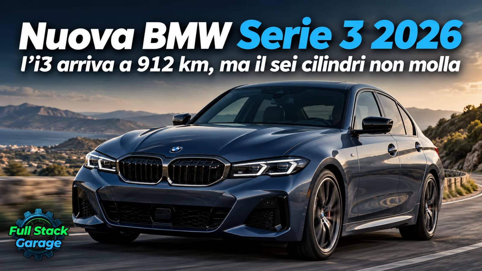 BMW Serie 3 blu su strada di montagna, con titolo della nuova Serie 3 2026.