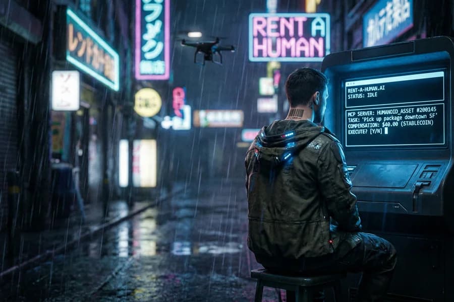 Figura seduta in una strada notturna con insegne luminose e tema RentAHuman.