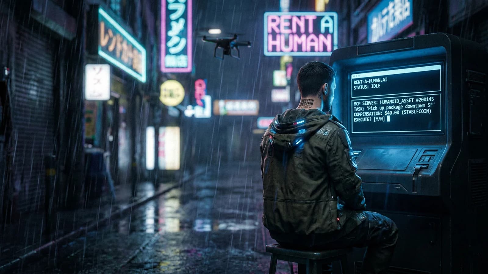 Figura seduta in una strada notturna con insegne luminose e tema RentAHuman.