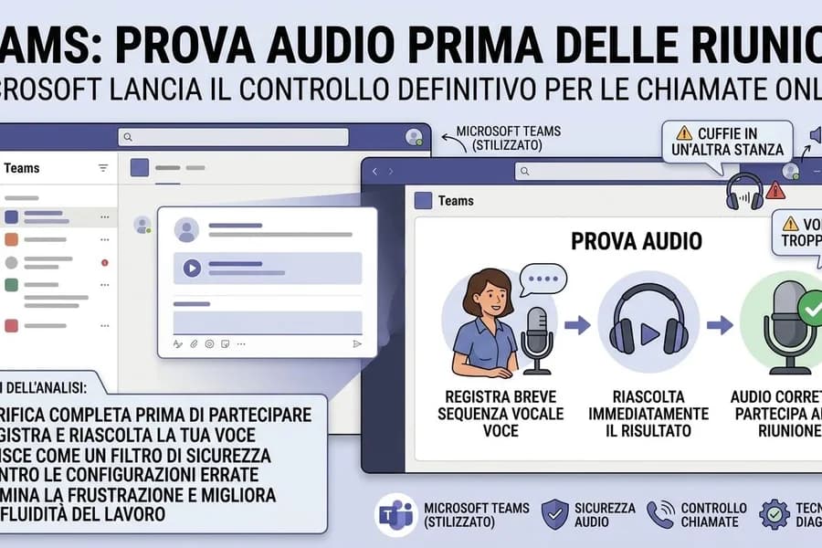 Schermate di Microsoft Teams con controlli del microfono per provare l'audio prima delle riunioni.