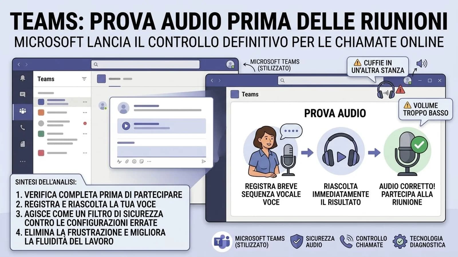 Schermate di Microsoft Teams con controlli del microfono per provare l'audio prima delle riunioni.