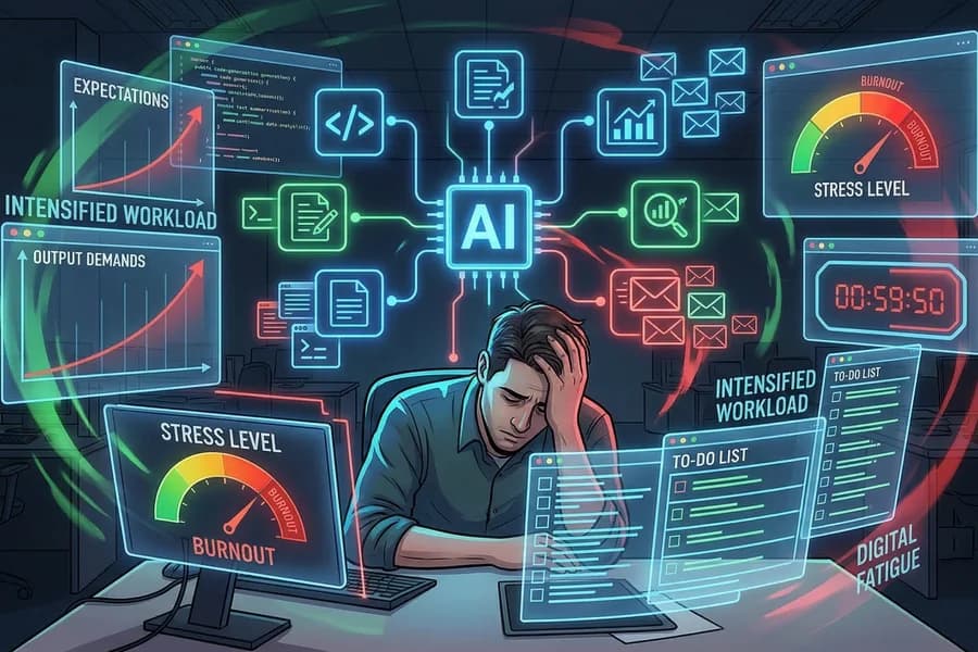 Dipendente davanti a vari monitor con messaggi di IA e grafici di lavoro in una copertina sul burnout.