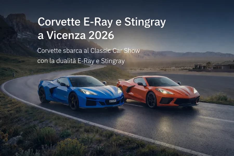 Corvette E-Ray blu e Stingray arancione su pista nella copertina del Vicenza Classic Car Show.