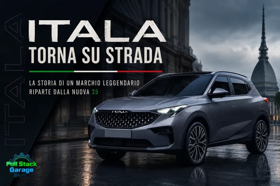 SUV grigio in un paesaggio scuro nella copertina dedicata al ritorno del marchio Itala.