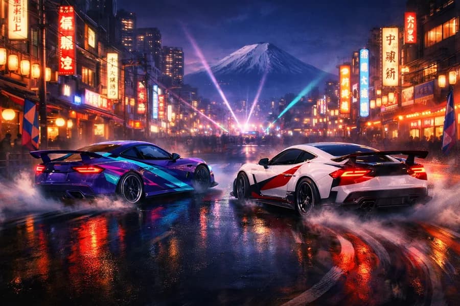 Vetture sportive colorate in una strada notturna giapponese nel videogioco Forza Horizon.