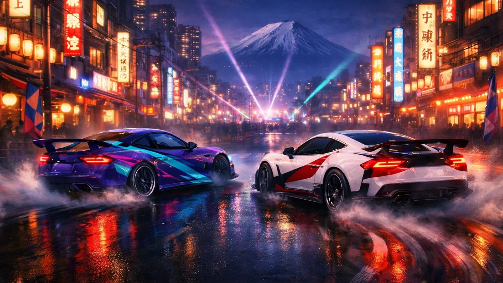 Vetture sportive colorate in una strada notturna giapponese nel videogioco Forza Horizon.