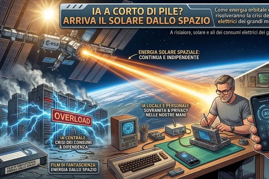 Illustrazione di pannelli solari spaziali che trasmettono energia alla Terra per i data center IA.