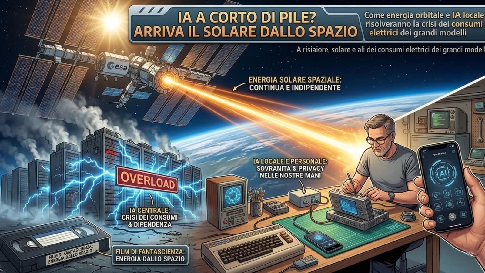 Illustrazione di pannelli solari spaziali che trasmettono energia alla Terra per i data center IA.