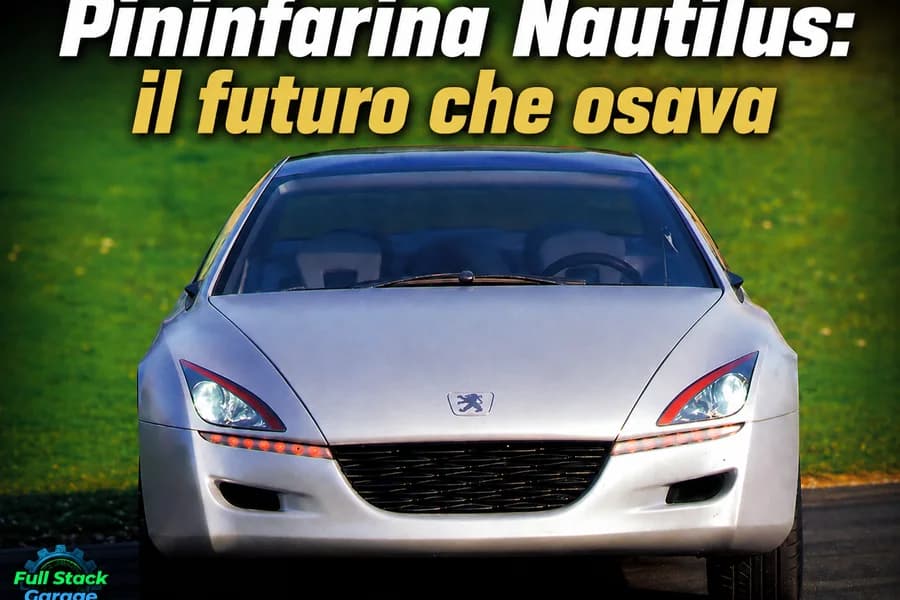 Pininfarina Nautilus bianca dal profilo futuristico su sfondo verde e arancio.