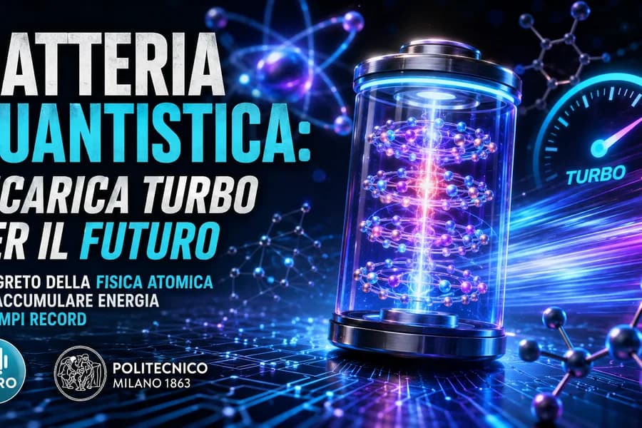 Illustrazione di una batteria quantistica luminosa con indicatori di energia e ricarica.