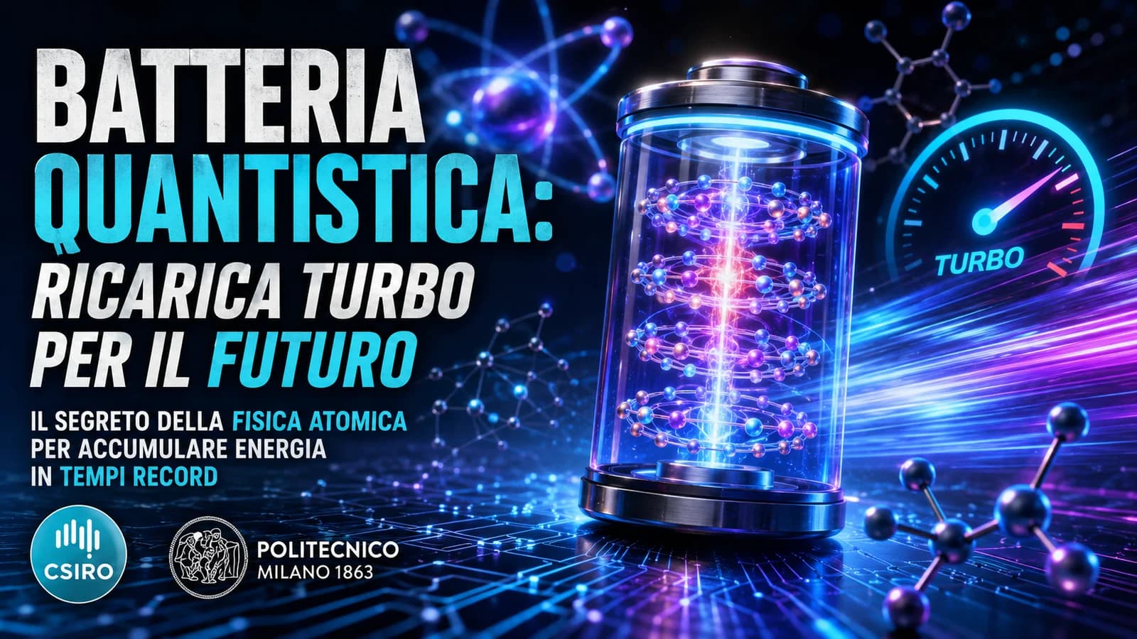 Illustrazione di una batteria quantistica luminosa con indicatori di energia e ricarica.