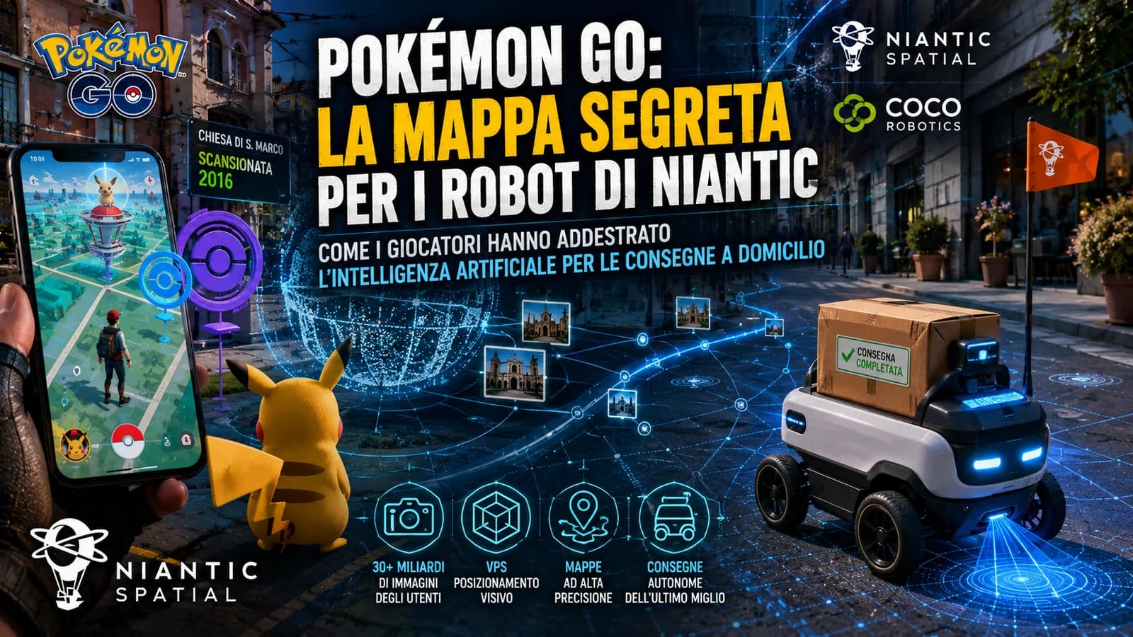Grafica di Pokémon Go con creature e telefoni collegati ai sistemi di mappatura Niantic.