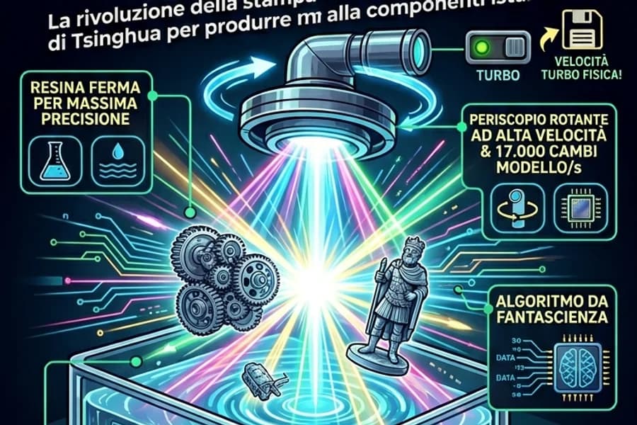 Infografica della stampa volumetrica con raggio luminoso e oggetti realizzati rapidamente.